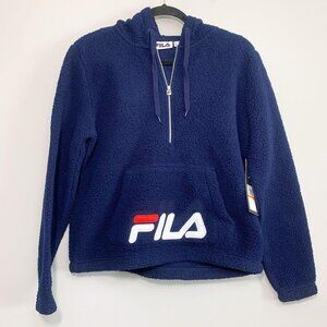 Fila Sherpa Cozy-Up Blue Textured Fuzzy Teddy Logo Hoodie Sweatshirt NWT Size S